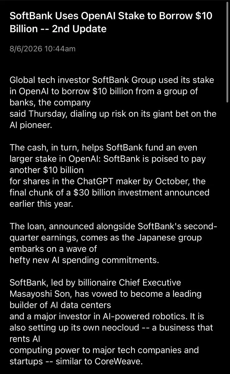 SoftBank borrows $10B against its OpenAI stake