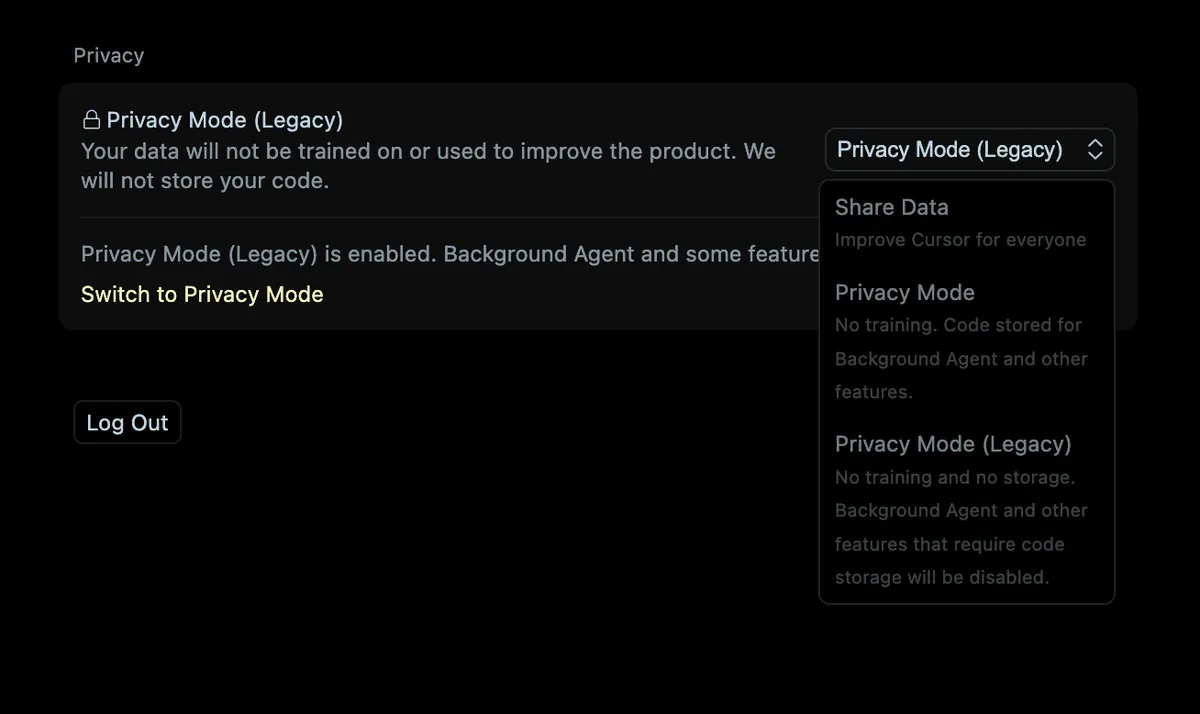 CursorのiOSアプリ、コード非保存モードを警告なしに解除