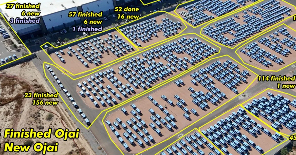 684 finished Waymo robotaxis sit on the Mesa factory lot, per aerial count